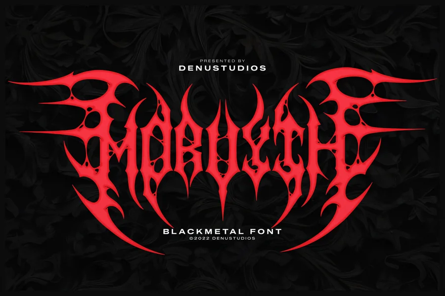 Morvyth gothic font specimen: ornate blackletter capitals shown as a type sample